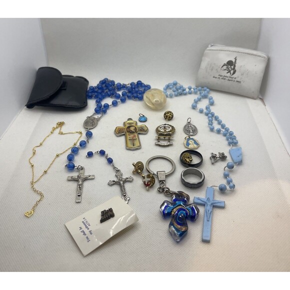Vintage Rosaries, Crosses, Rings, Token, Key Chain, Pins, Bracelet Religious Lot - Picture 1 of 13
